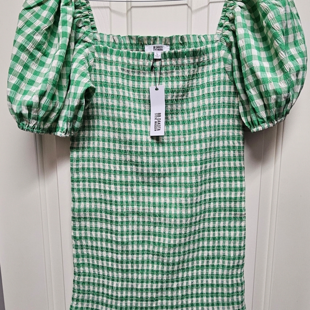 Steve Madden Green Checkered Puff Sleeve Dress